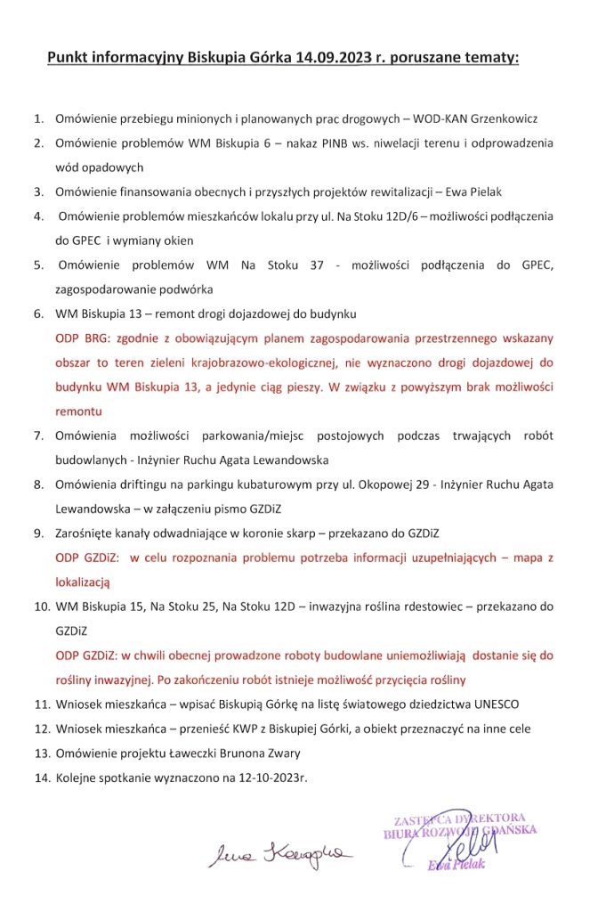 Notatka służbowa Biura Rozwoju Gdańska ze spotkania z mieszkańcami z dnia 14 września 2023 roku, z pieczątką i podpisem zastępcy dyrektora Biura Rozwoju Gdańska